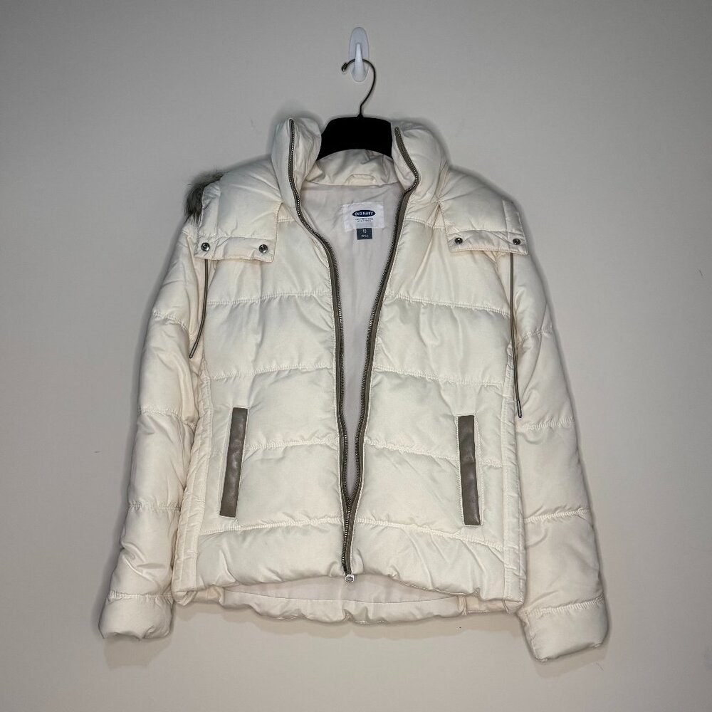 NWOT Old Navy Off-White Puffer Coat with Faux Fur Trim Hood Size XS